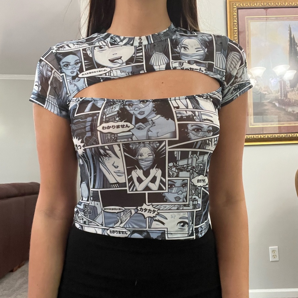 NWOT Current Mood Graphic Comic Anime Girl Open Front Mesh Crop Top Dolls Kill